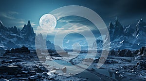 A moon over a rocky landscape with fitz roy in the background