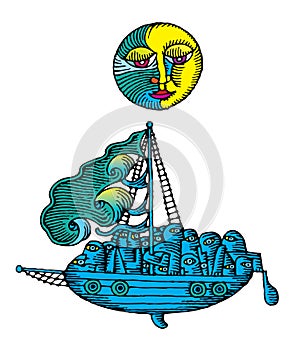 Moon over the sailing ship at night engraved color