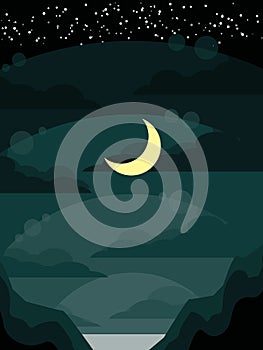 The moon over the sea between rock mountain on dark green sky, cloud, stratum and space with star. Seascape nature landscape photo