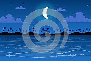 Moon over tropical island landscape background in flat style. Moonlight at night sky, palm trees on seashore, seaside resort, wave