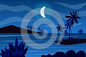 Moon over tropical islands landscape background in flat style. Moonlight at night sky, bungalow silhouettes, palm trees on