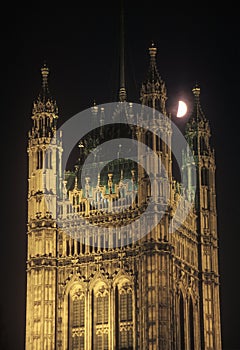 Moon over Westminster Abbey in London, England