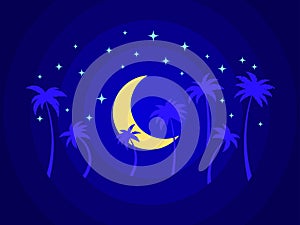 Moon and palm trees in paper cut style. Tropical night landscape with palm trees, crescent moon and stars. Design for print,