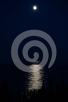 Moon path at night. Black sea at night. Moonpath