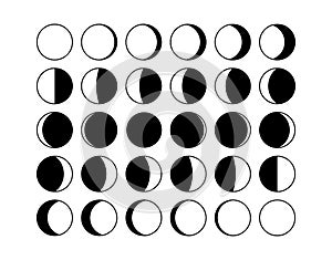 Moon phase. Half shape lunar cycle, Moon silhouette calendar concept, crescent and eclipse cosmos symbols. Vector set