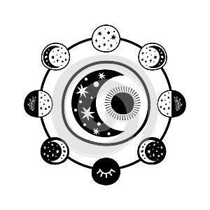Moon phase logo. Boho moon symbol. Black moon cycle. Full moon, half moon isolated. Celestial icon graphic element