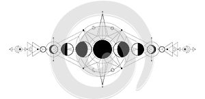 Moon phases. Astrology celestial symbols. Mystical black and white pictogram. Abstract sketch of lunar cycle. Decorative