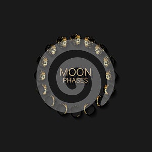 Moon phases astronomy icon set in gold foil round frame lunar cycle, full moon, waning, waxing, first quarter, gibbous, crescent,