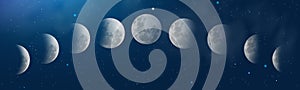 Moon Phases astronomy icon set. Vector realistic night Landscape with blue sky and stars