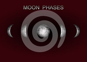 Moon phases astronomy realistic image on black background. Vector illustration of cycle from new to full moon