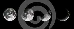Moon phases on black baclground. Lunar phases of earth satelite. Half moon, quarter and full moon. 3D rendering