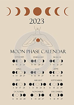 Moon phases calendar 2023 with a girl line.