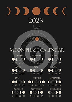 Moon phases calendar 2023 with a girl line.