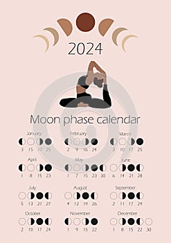 Moon phases calendar 2024 with a girl doing yoga.