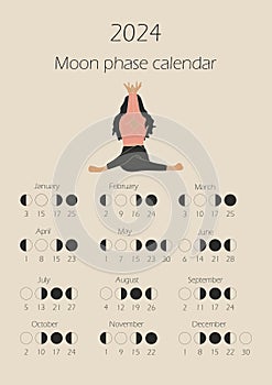 Moon phases calendar 2024 with a girl doing yoga.