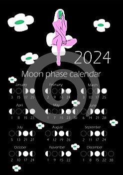 Moon phases calendar 2024 with Naked woman body in bright color.