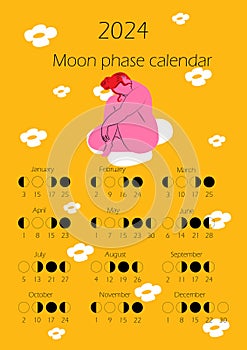 Moon phases calendar 2024 with Naked woman body in bright color. Abstract female silhouette.