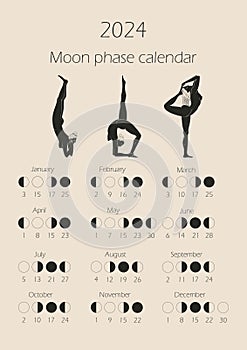 Moon phases calendar 2024 with Naked young woman performing physical exercises.