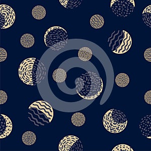 Moon phases. Crescent growth. Abstract seamless vector pattern. style, geometric motifs, hand drawn dotted elements