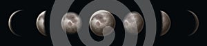 Moon phases. Earth satellite surface crescent on black starry sky. Lunar circle planet in night space. Astrology cosmic