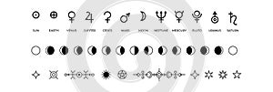 Moon phases icons. Black and white symbols of solar system planets or lunar cycle. Monochrome occult outline signs