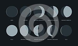 Moon phases. Night symbols for moon calendar circle round shapes logos waxing pack garish vector stylized forms isolated