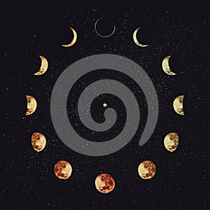 Moon phases over starry night sky background. Astronomy and astrology conceptual scene. Esoteric magic celestial signs, lunar