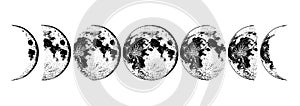 Moon phases planets in solar system. Astrology or astronomical galaxy space. Orbit or circle. Engraved hand drawn in old