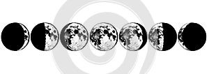 Moon phases planets in solar system. Astrology or astronomical galaxy space. Orbit or circle. Engraved hand drawn in old