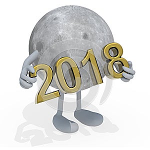 Moon planet with arms, legs and the 3D inscription 2018