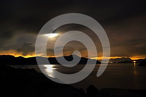 Moon and pond in a cloudy night