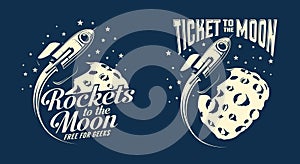 Moon posters with a flying rocket