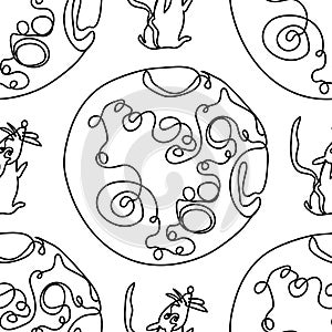 Moon and rat hand drawn one line seamless pattern