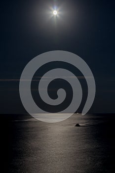 Moon reflecting in a sea, night time, moon path, clear night