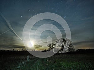 Moon rise pleiades stars and clouds observing autumn landscape