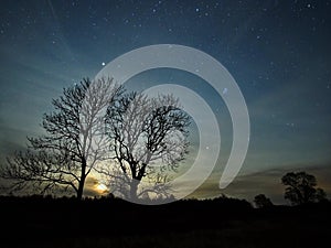 Moon rise pleiades stars and clouds observing autumn landscape