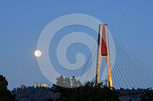 Moon rise and skytrain bridge at blue hour