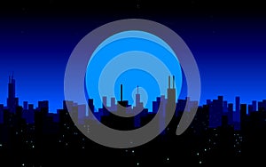 Moon rising over a city. Night City Skyline. Cityscape Background, Beautiful night sky with stars over city buildings.
