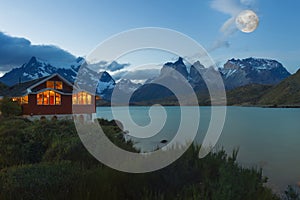 Moon rising over Lago Pehoe, Torres del Paine National Park, Chile photo