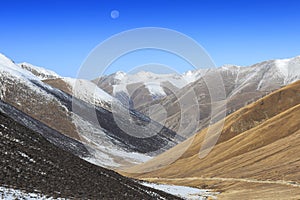 Moon rising over Mountain Tibetan Himalayan landscape in SiChuan province, China