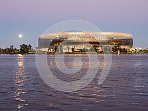 Moon rising over Perth Stadium, Swan River, Perth, Western Australia