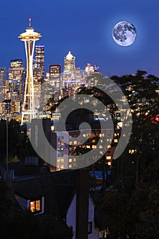 Moon rising over Seattle, Washington