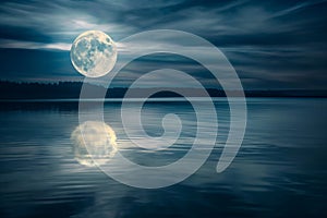 the moon rising over water as seen from a lake with clouds