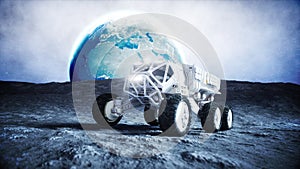 Moon rover on the moon. space expedition. Earth background. 3d rendering.