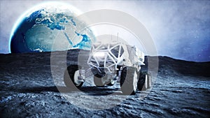 Moon rover on the moon. space expedition. Earth background. Super realistic 3d animation.