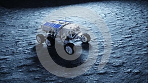 Moon rover on the moon. space expedition. Earth background. Super realistic 3d animation.
