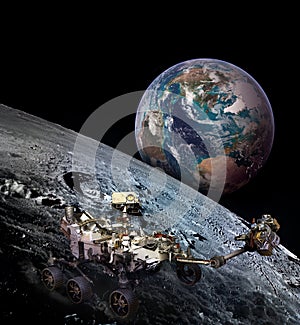 Moon rover on moon surface and planet Earth rising.