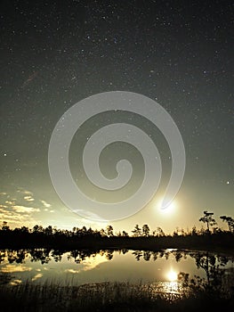 Moon set time and night sky stars observing