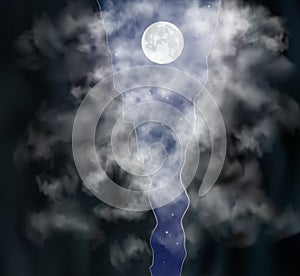 Moon shines through the smoke between two mountains at night. Vector realistic illustration.