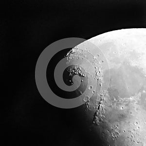 Moon showing terminator line lunar detail of Apenninus mountain range